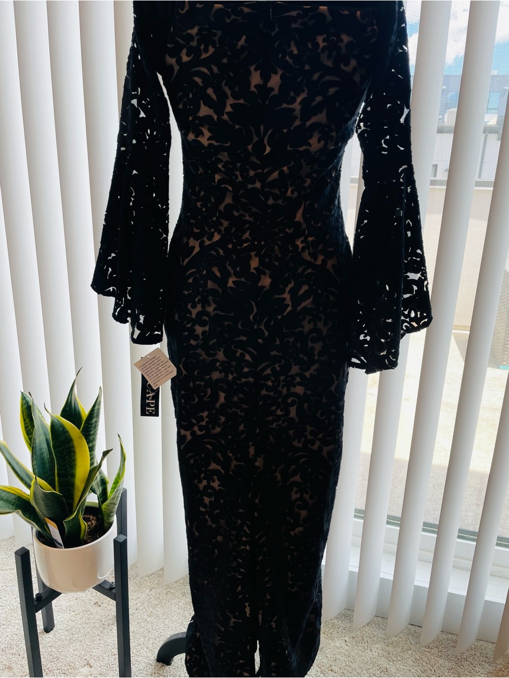 Xscape Black Floral Lace Bell-Sleeve Dress